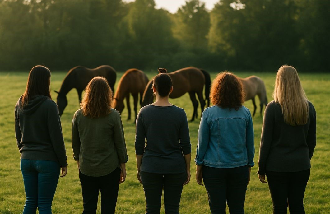 Five people stand in a grassy field, facing a group of grazing horses. The sunlit scene is set against a backdrop of lush trees.