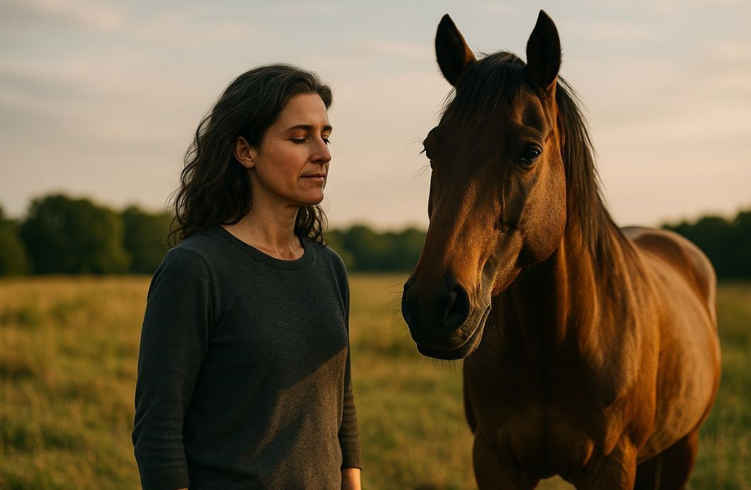 A woman stands calmly with eyes closed next to a brown horse in a sunlit field. Trees in the background create a peaceful scene.