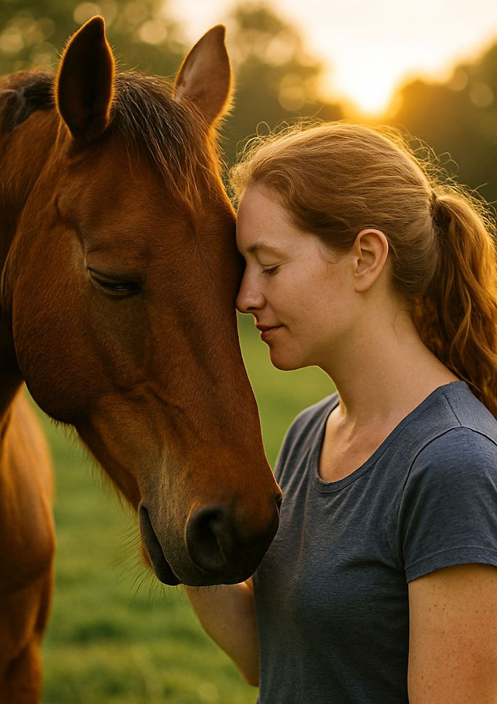 Woman and horse touching heads gently in a serene, sunlit field. The woman smiles with eyes closed, conveying a calm, intimate bond.